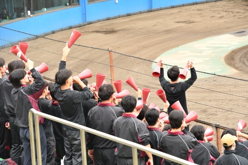 スタンドから熱い声援を送る硬式野球部員